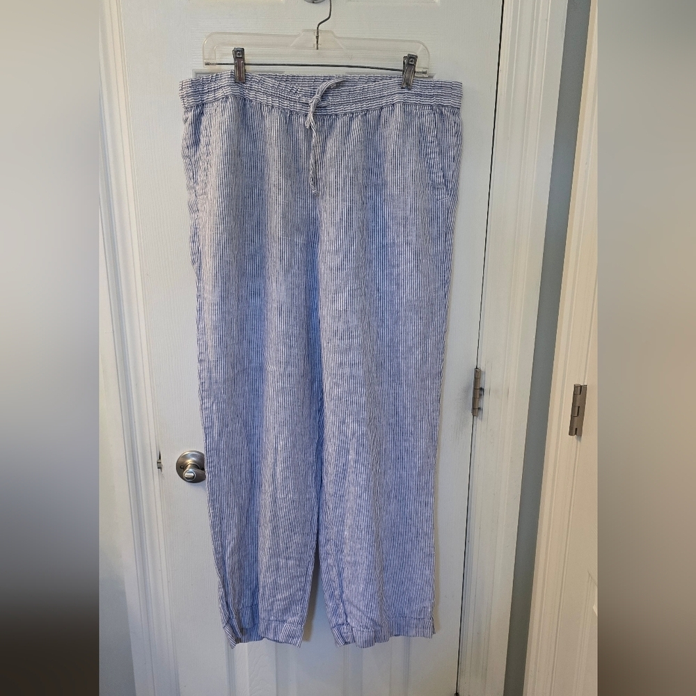 Talbots Women's Linen Wide Leg Pants, Blue & White, Front & Back Pockets (1206)